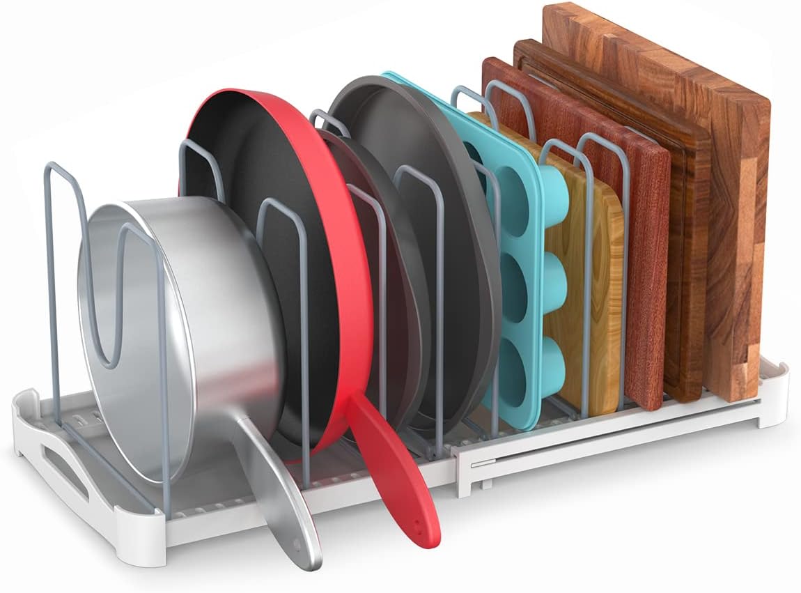 EVERIE Adjustable Bakeware Organizer Pot Lid Holder Rack for Pots, Cake Molds, Cutting Boards, Mats, Cookware, GS02SS, 7.7'' Deep by 12.6'' to 21.5'' Wide