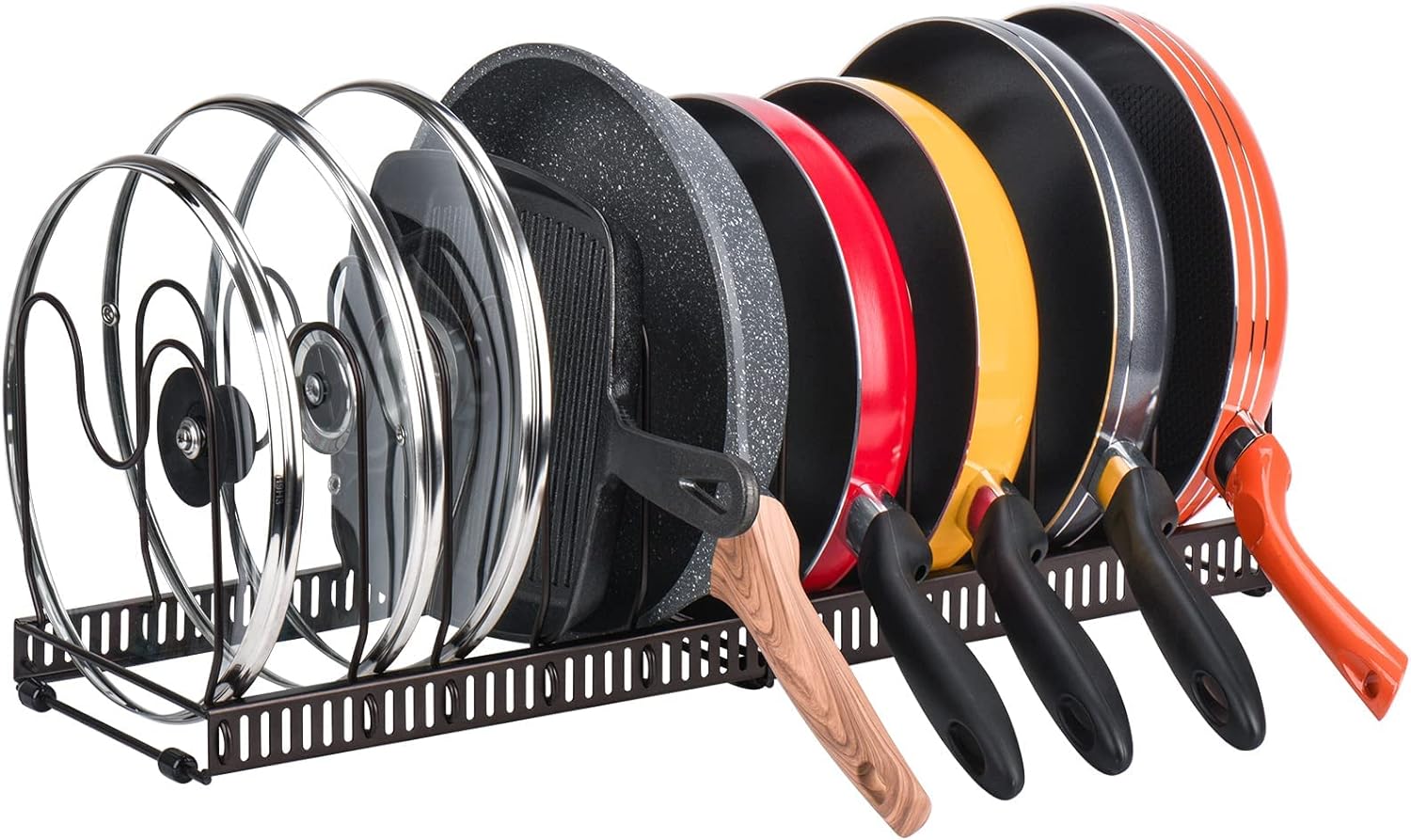 Toplife Pots and Pans Organizer Rack for Cabinet and Countertop, 10+ Pot Lids, Bakeware and Cookware Organizer Rack Holder with 10 Adjustable Compartments - Brown