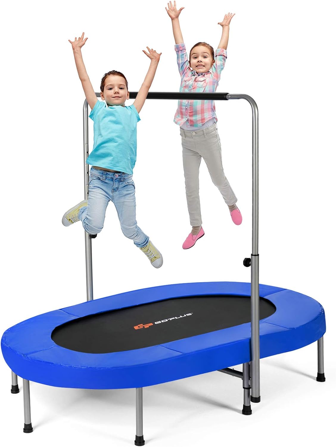 Goplus Foldable Trampoline, Double Mini Kids Trampoline Rebounder with Adjustable Central Handrail and Safety Pad, Exercise Trampoline for Indoor Outdoor Cardio, Max Load 330lbs