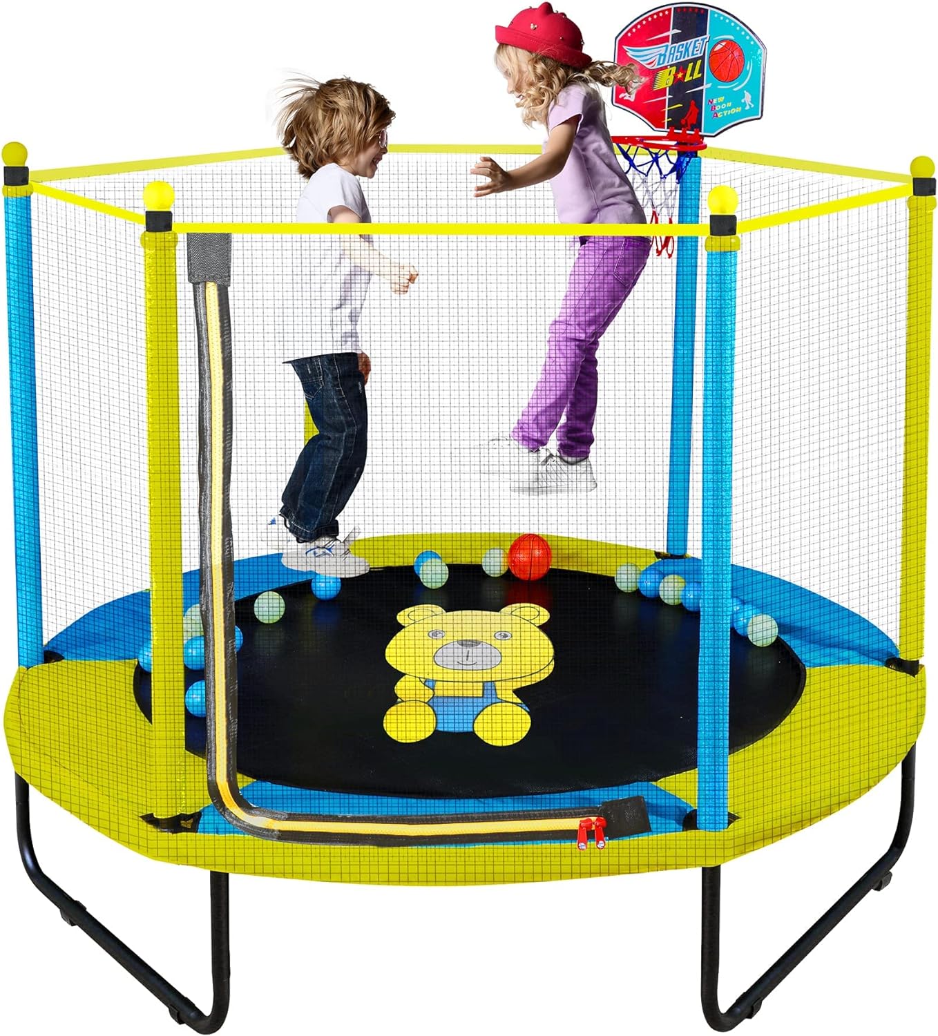 60 Trampoline for Kids, 5FT Indoor Outdoor Trampoline with Enclosure Net, Mini Baby Toddler Trampoline with Basketball Hoop, Recreational Trampolines Birthday Gifts for Children.