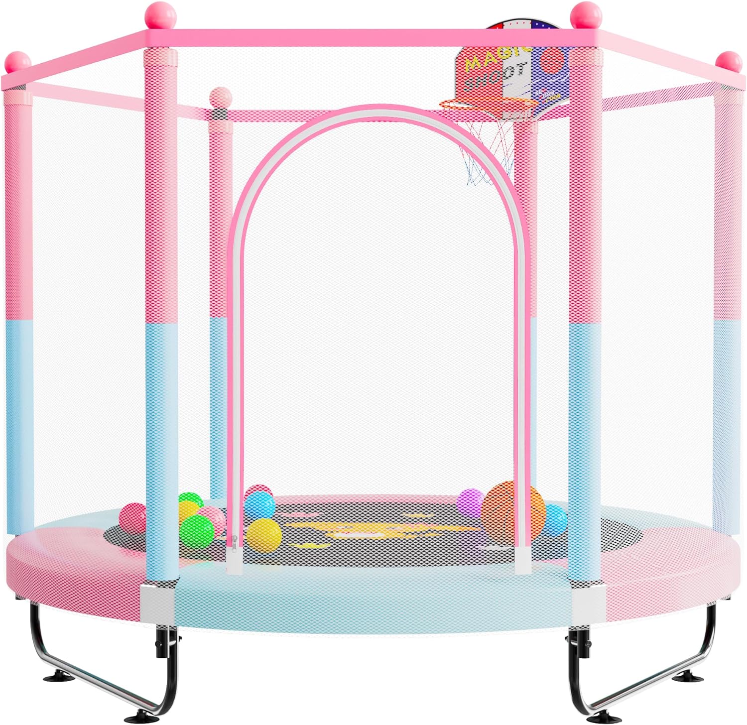 60 Trampoline for Kids, 5 FT Indoor & Outdoor Small Toddler Trampoline with Basketball Hoop, Safety Enclosure, Baby Trampoline Toys, Birthday Gifts for Kids, Gifts for Boy and Girl, Age 1-8