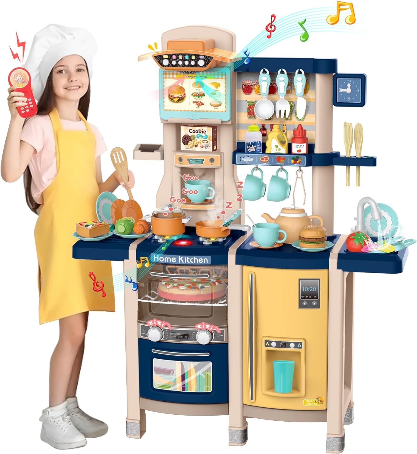 Kids Play Kitchen,Kitchen Playset with 65pcs Kitchen Toys for Toddlers,Kitchen Accessories Spray Stove, Simulated Steam, Sink, Oven,Dishwasher, Real Sounds and Light Girls Boys