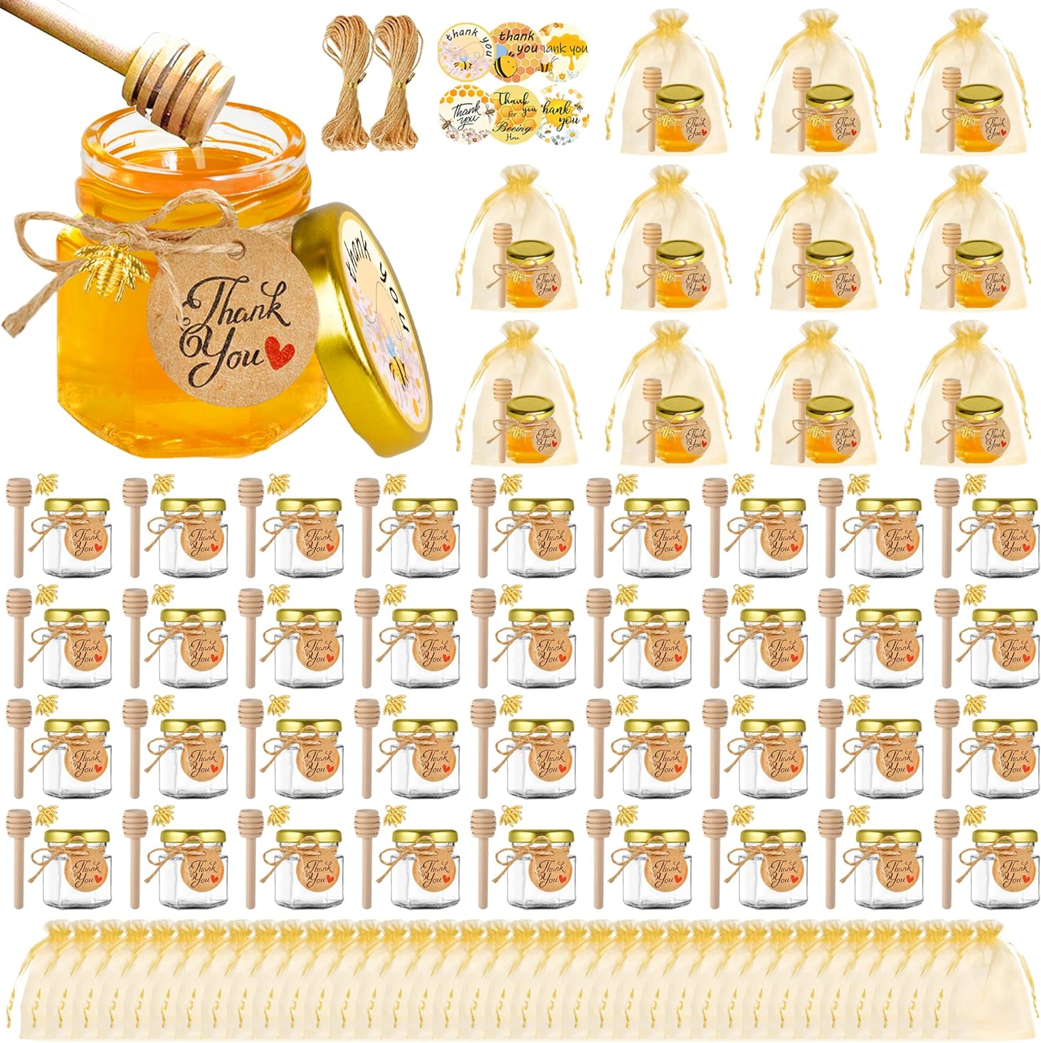 Mini Honey jars-1.5oz,48 pcs Hexagon honey jars with dipper,gold cover,bee pendant,Gold Gift Bags,rope,Thank-You Tags,Glass Honey jars with lids,Baby Shower,Wedding Favors,Party Favors