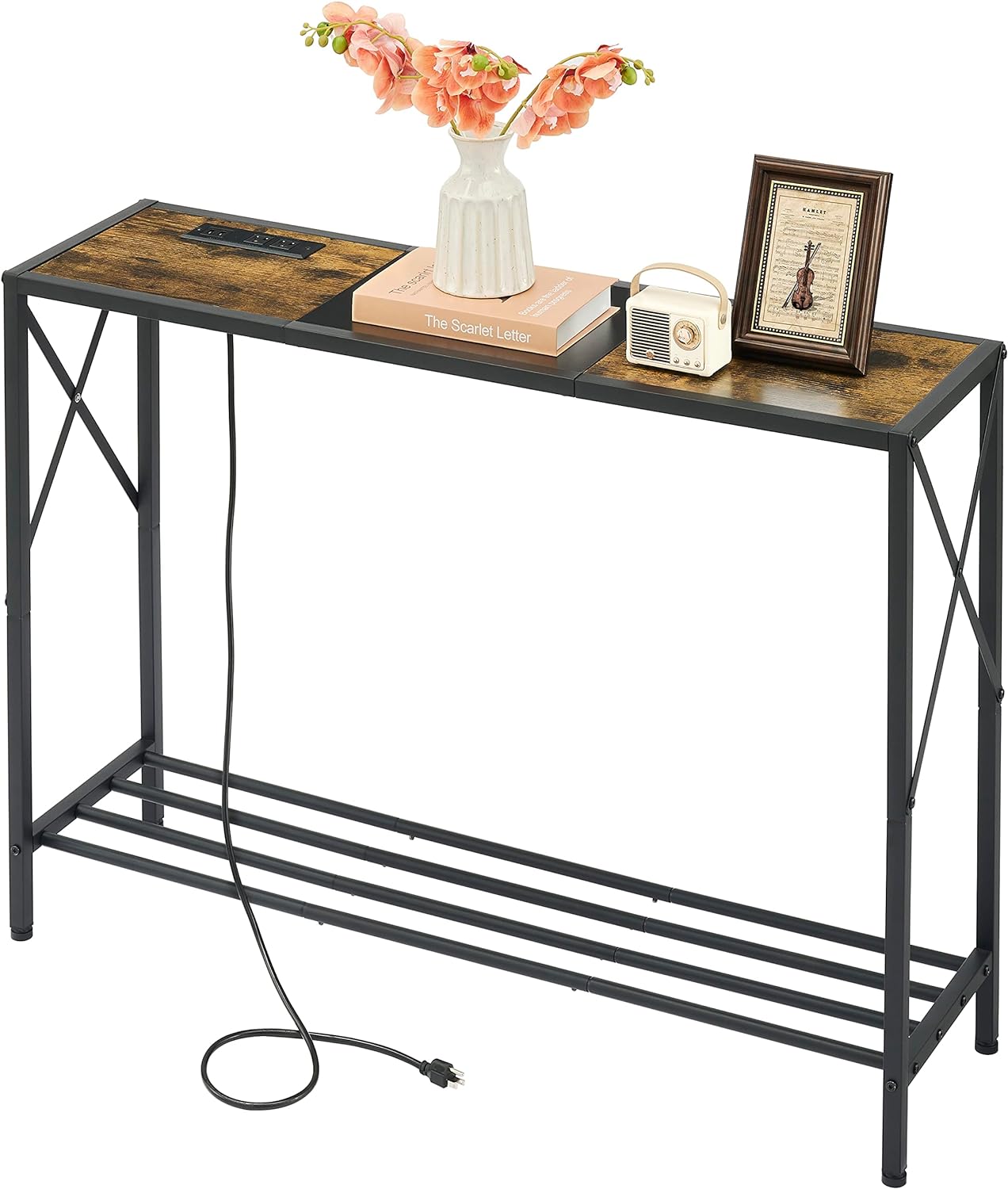 Tajsoon Console Table with Charging Station, Industrial entryway Table, Narrow Sofa Table with Shelves, Entrance Table for Entryway, Hallway, Living Room, Foyer, Office, Rustic Brown & Black