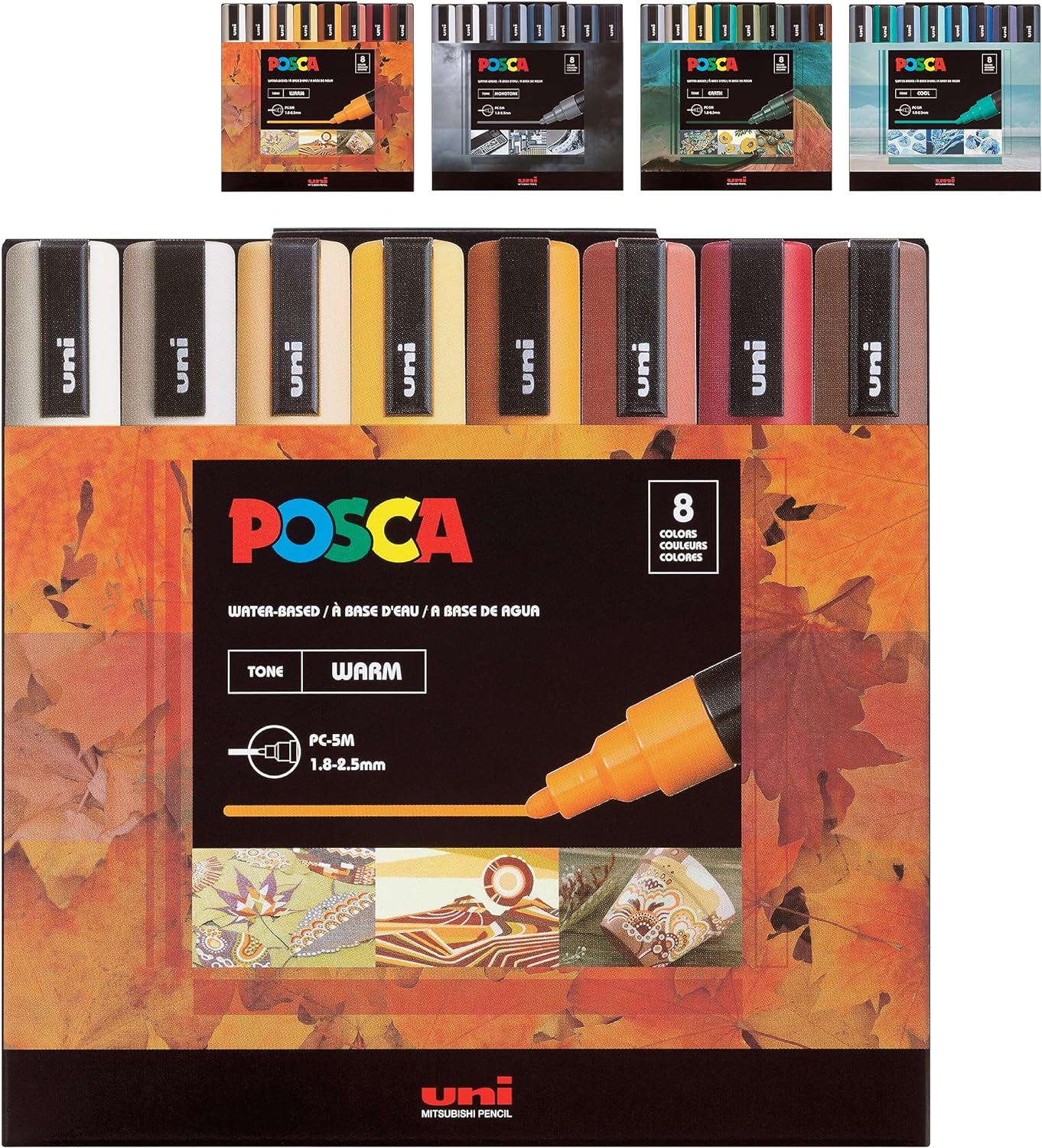 Posca Markers Color Tones Set, Acrylic Paint Pens with Reversible Tips for Coloring and Drawing on Any Surface, Non-Toxic Formula, Posca Markers Warm Tones for Rock Painting, Fabric, Glass, & more