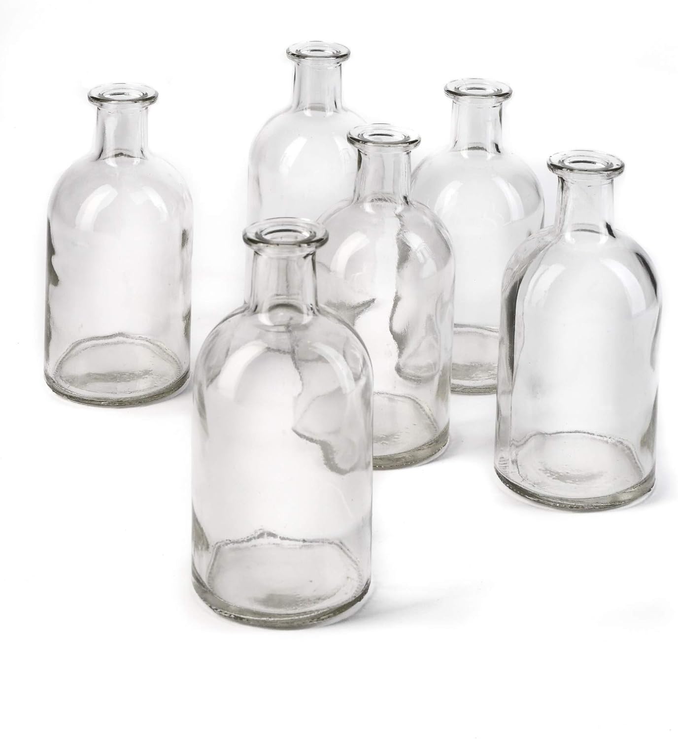 Serene Spaces Living Bud Vases, Apothecary Jars, Decorative Glass Bottles, Centerpiece for Wedding Reception, Mini Flower Vases, Small Medicine Bottles for Home Decor (Clear, Set of 6)