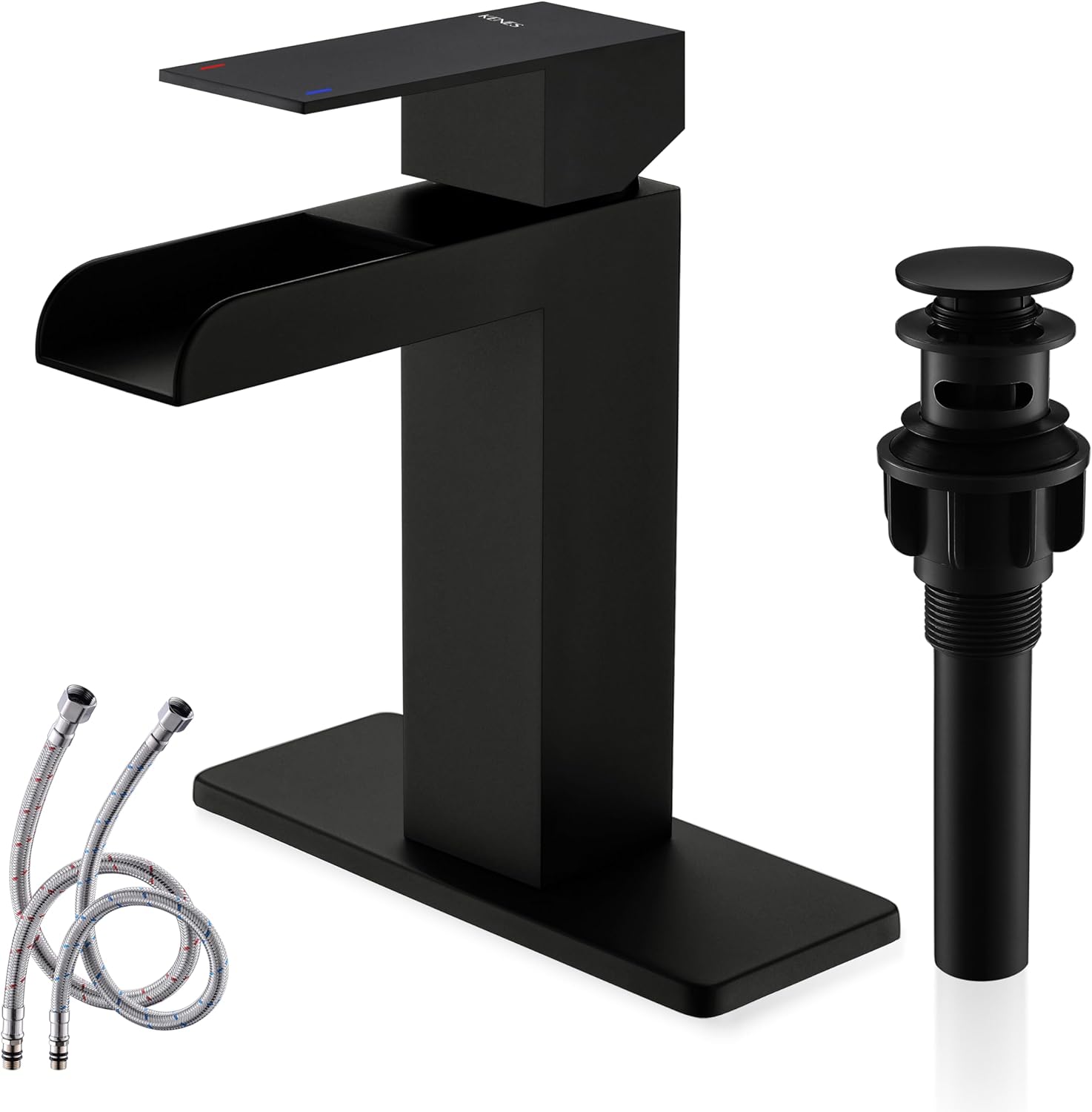 KENES Matte Black Waterfall Bathroom Faucet, Single Handle Black Bathroom Sink Faucet with Faucet Escutcheons, Pop Up Drain Stopper & Lead-Free Water Supply Lines LJ-9035-2