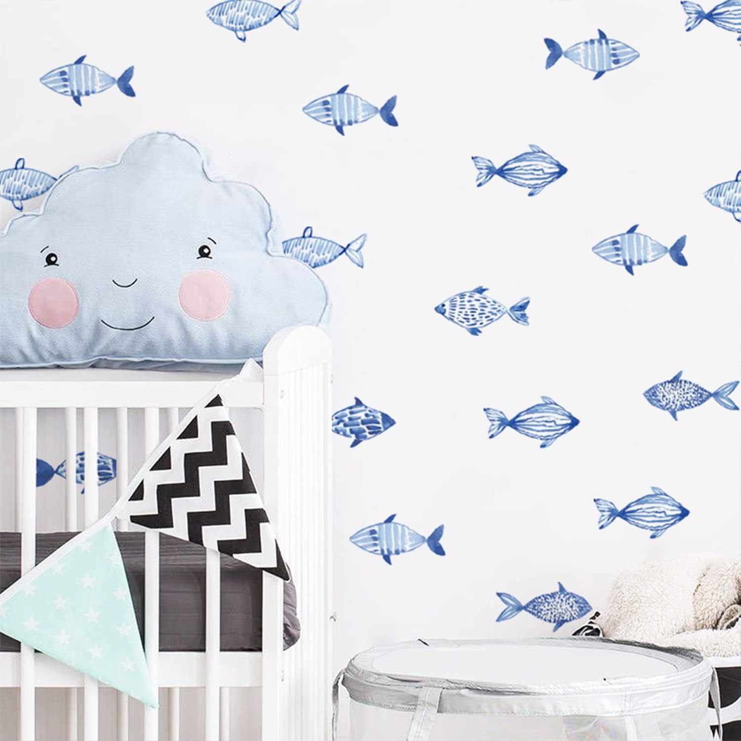 QUCHENG Ocean Wall Decal Fish Stickers Sea Wall Decor Kids Toddler Removable Stickers Watercolour Decor Blue Nursery Livingroom Vinyl Waterproof Wall Decoration 5 Sheets