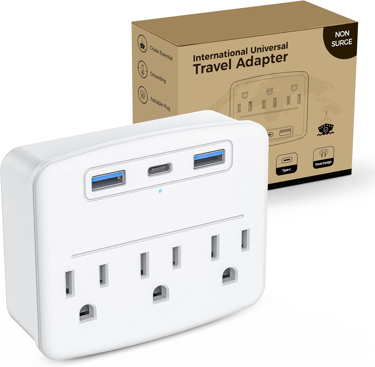 Cruise Power Strip Foldable Non Surge Protector with USB C Outlets 3.4A Total, Multi Plug Wall Socket, Cruise Essentials Accessories Must-Haves for Travel Ship, Home, Japan Applicable