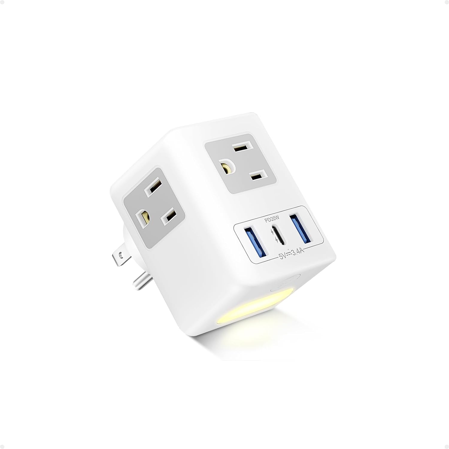 Multi Plug Outlet Extender with Night Light PD 20W USB C, Multiple Outlet Outlet Splitter Adapter 3 USB Ports Wall Charger, JXGUCAT No Surge Protector Cruise Ship, Travel, Home, Office Essentials