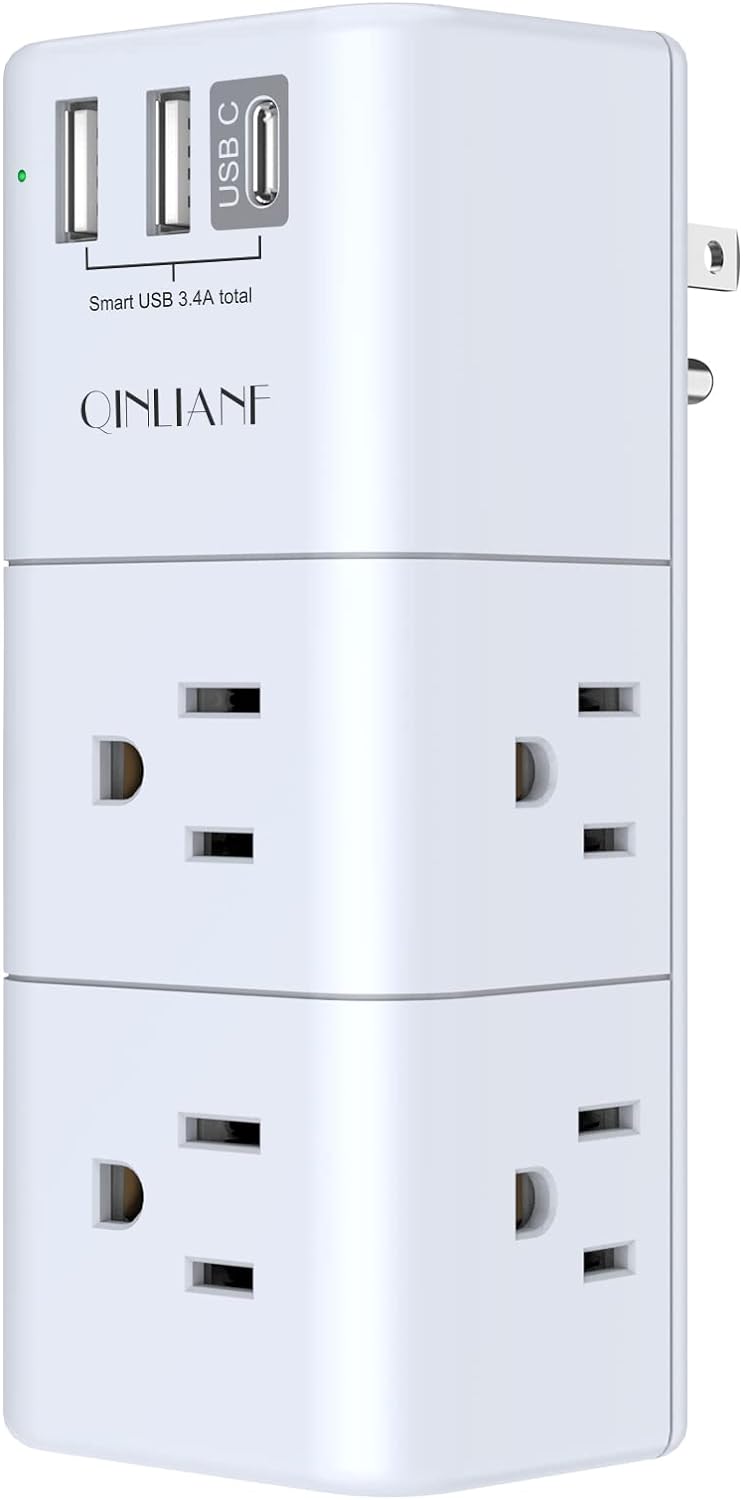 USB Outlet Extender Surge Protector - QINLIANF Multi Plug Outlet with Rotating Plug, 3-Sided Swivel Power Strip with 6 AC Spaced Outlet Splitter and 3 USB Ports (1 USB C) for Travel, Home, Office,ETL