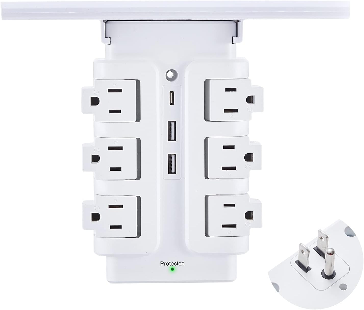 Rotating Wall Charger Station Power Strip Shelf 6 Outlets 3 USB(2A1C) 4.8A Surge Protector - KF Multi-Plug Outlet Extender Sockets 15A 1875W 540J with Built-in Shelf for Home Office Travel Hotel