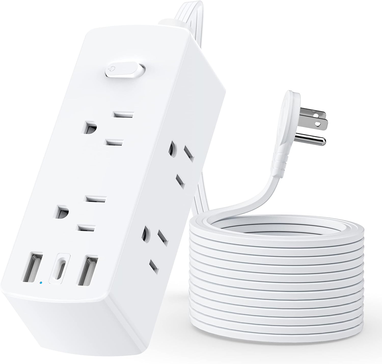 Surge Protector Power Strip, Olcorife Ultra Thin Flat Plug Extension Cord 5ft, 6 Outlets 3 USB Ports(1 USB C), 3 Side Outlet Extender for Home Office Travel Dorm Room Essentials, White