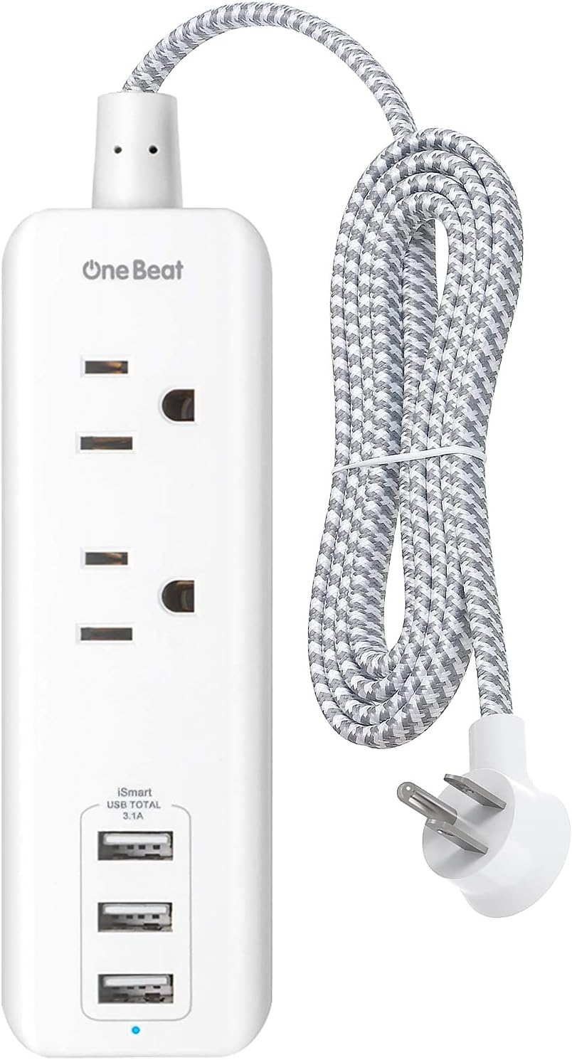 Power Strip with USB - 2 Outlets 3 USB Ports(3.1A, 15W), Desktop Charging Station with 5 ft Braided Extension Cord, Flat Plug Travel Power Strip for Cruise, Home Office, ETL Listed