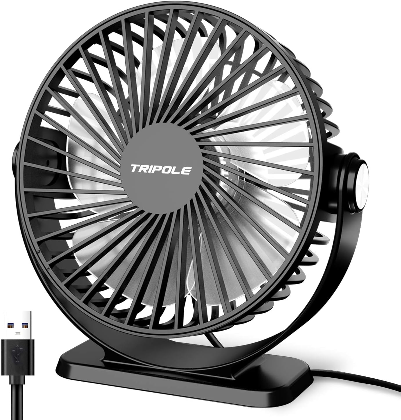 TriPole Small Desk Fan USB Powered Portable Fan 3 Speeds Strong Airflow Mini Fan 360Rotation Personal Fan 5.1 Inch Table Fan for Home Office Bedroom Desktop, Black, 4.9ft Cable