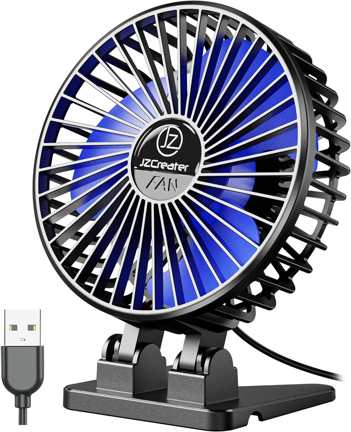 JZCreater USB Desk Mini Fan Portable, 3 Speeds Desktop Table Cooling Fan, Plug in Power Fan, Rotation Strong Wind, Quiet Personal Small Fan for Home Desktop Office Travel Bedroom, Black Blue