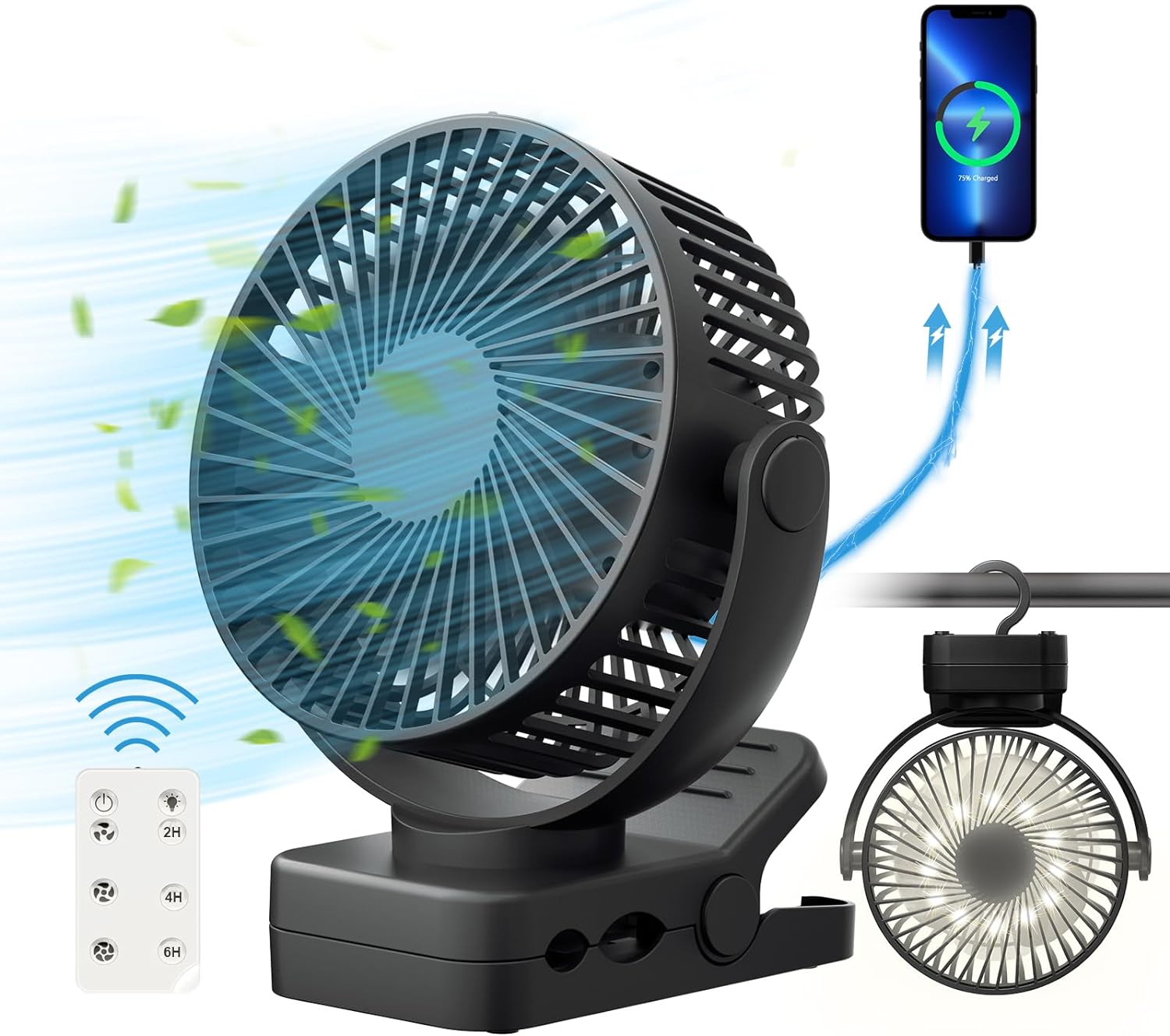 Portable Fan with Remote Control & Timer & LED Lights, 60hrs 12000mAh USB Rechargeable Battery Fan Could Clamp/Hanging/Stand Up, Small Clip on Fan for Baby Stroller, Bed, Desk, Camping Tent, Travel