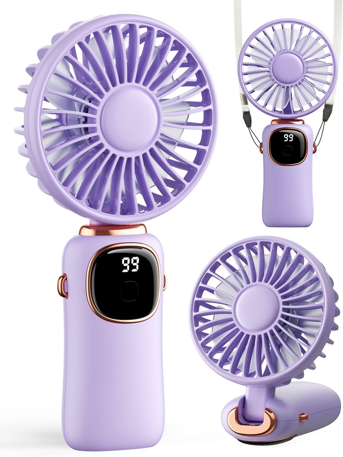 Portable Handheld Fan, 4000mAh Battery Operated 3 in 1 Multifunction Personal Travel Fan with Digital Display, 90 Foldable Desk Fan with Base, 5 Speed Lash Fan for Makeup/Commute/Office