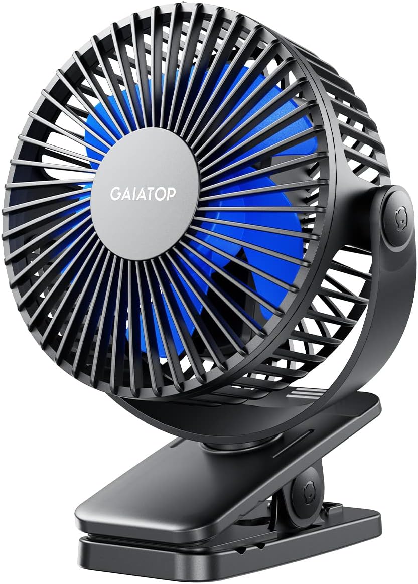 Gaiatop Portable Clip on Fan Battery Operated, Small Powerful USB Desk Fan, 3 Speed Quiet Rechargeable Mini Table Fan, 360 Rotate Personal Cooling Fan for Home Office Stroller Camping Black Blue