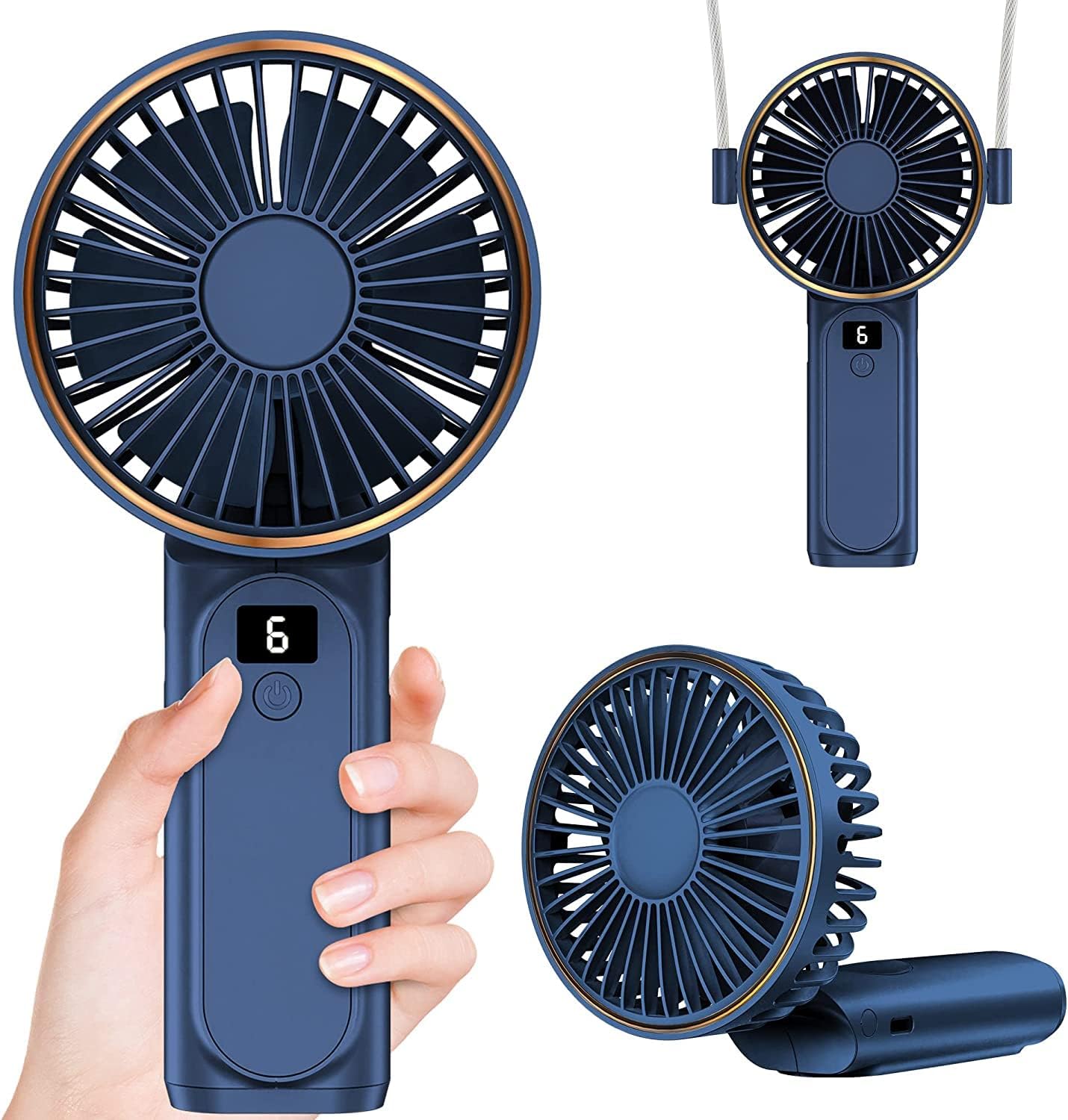 Handheld Fan, Portable Fan, 4000mAh Rechargeable Personal Fan, 180 Foldable Mini Desk Fan with 6 Wind Speed, LCD Digital Display, Lanyard as Neck Fan, Ultra Quiet, Pocket Size for Indoor Outdoor