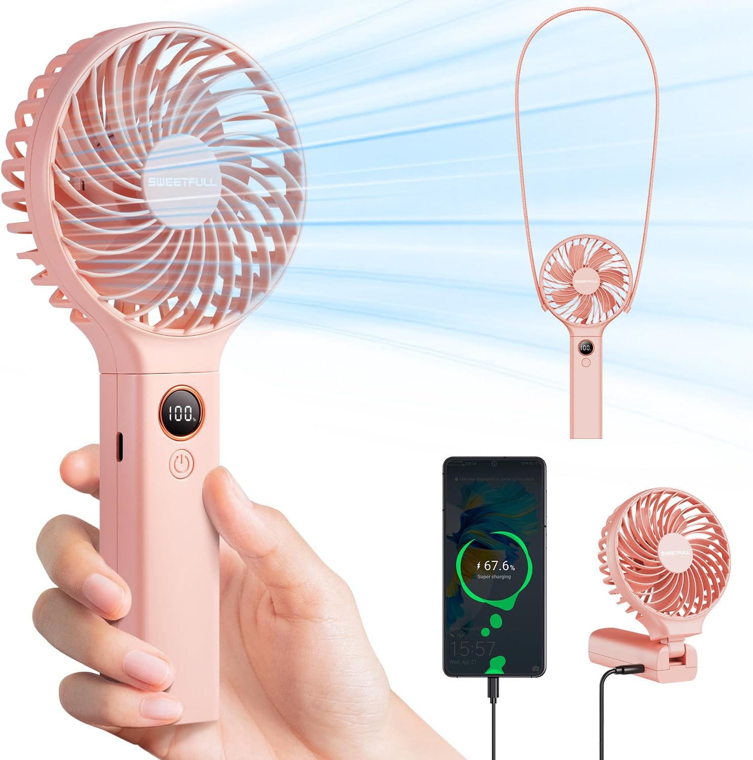 SWEETFULL Handheld Fan,5000mAh Portable Fan Mini fan Small Personal Fan with Backup Power,Desk Fan Hand Held Fan Rechargeable Battery Operated Cooling Electric Fan for Women Girl Travel Office