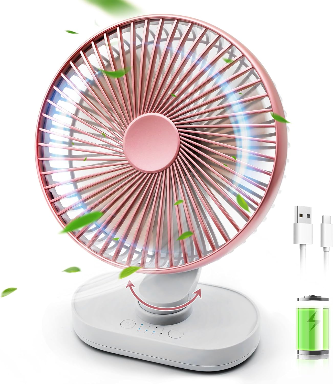 Small Desk Fan Oscillating Table Fan 9 Inch, USB Rechargeable Fan 4000mAh Battery Operated Fan, Adjustable Desktop Fan with 4 Speeds Portable Fan Desk Fan for Bedroom Office Travel Bathroom