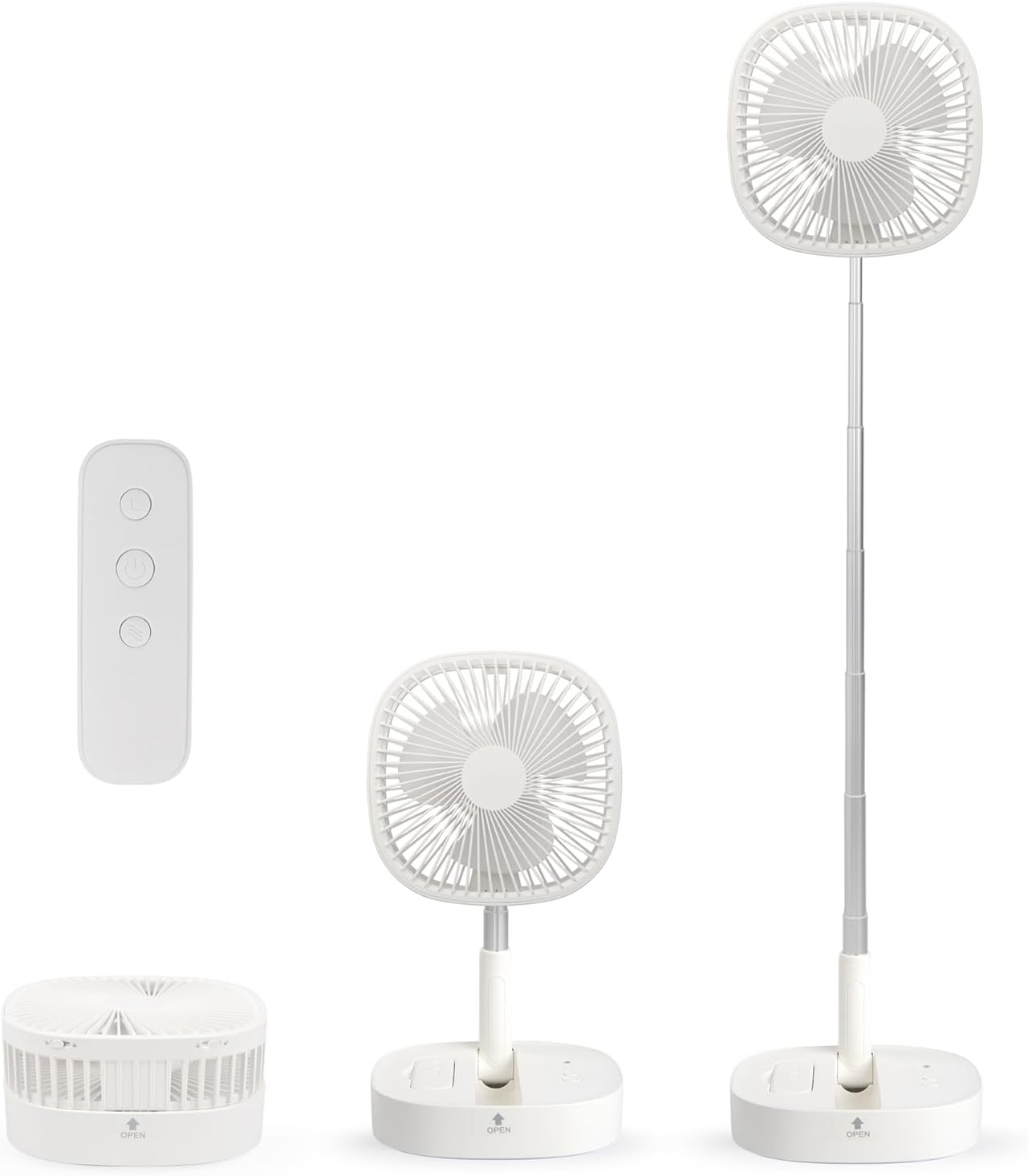 Portable Pedestal Fan - Foldaway Standing Fan Foldable Desk Fan, Use 7200Mah Rechargeable Battery, Remote Control Telescopic 4 Speed Quiet Timer Fan for Home Kitchen Outdoor Camping (White)