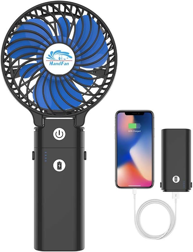 HandFan 5200mAh Portable Handheld Fan Rechargeable Battery Operated, Small Hand Fan, Foldable Makeup Fan Mini Desk Fan, Cooling Personal Electric Fan for Travel, Outdoors, Indoors-Black&Blue