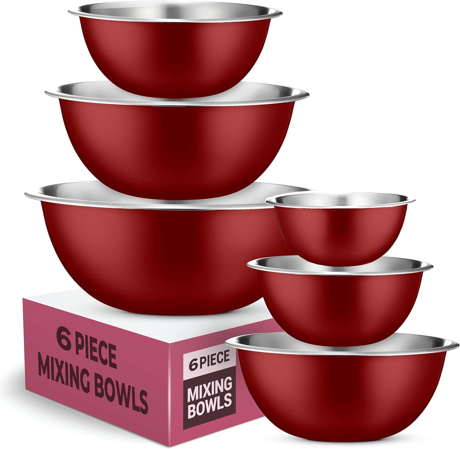 FineDine Stainless Steel Mixing Bowls (Set of 6) Stainless Steel Mixing Bowl Set - Easy To Clean, Nesting Bowls for Space Saving Storage, Great for Cooking, Baking, Prepping