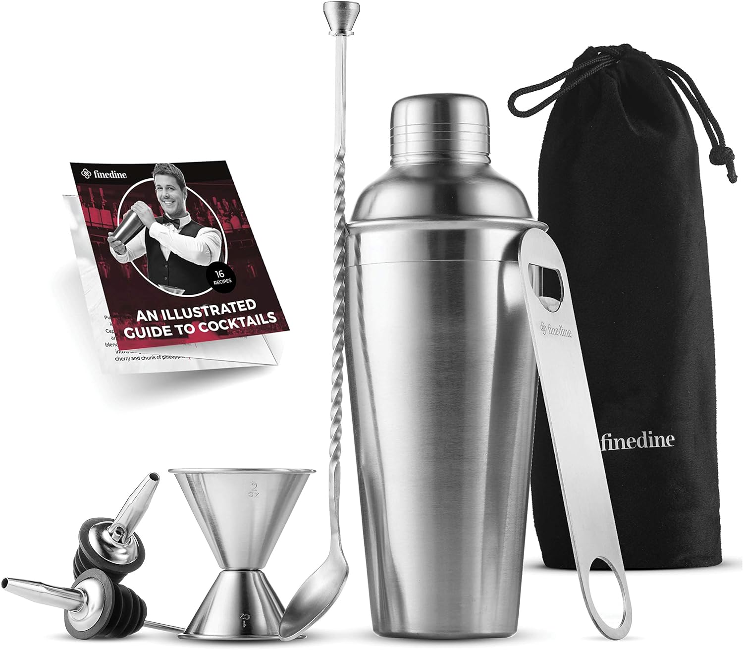 7-Piece Cocktail Shaker Set - Bar Tools - Stainless Steel Cocktail Shaker Set Bartender Kit, with All Bar Accessories, Cocktail Strainer, Double Jigger, Bar Spoon, Bottle Opener, Pour Spouts