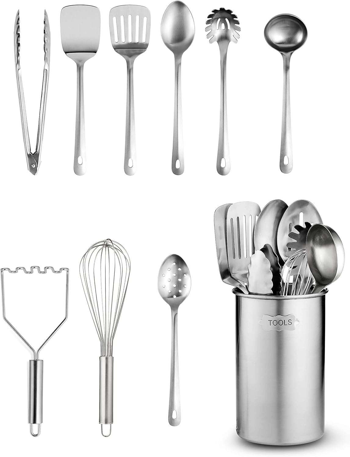 Stainless-Steel Kitchen Utensil Set - 10-piece premium Nonstick & Heat Resistant Kitchen Gadgets, Turner, Spaghetti Server, Ladle, Serving Spoons, Whisk, Tongs, Potato Masher and Utensil Holder