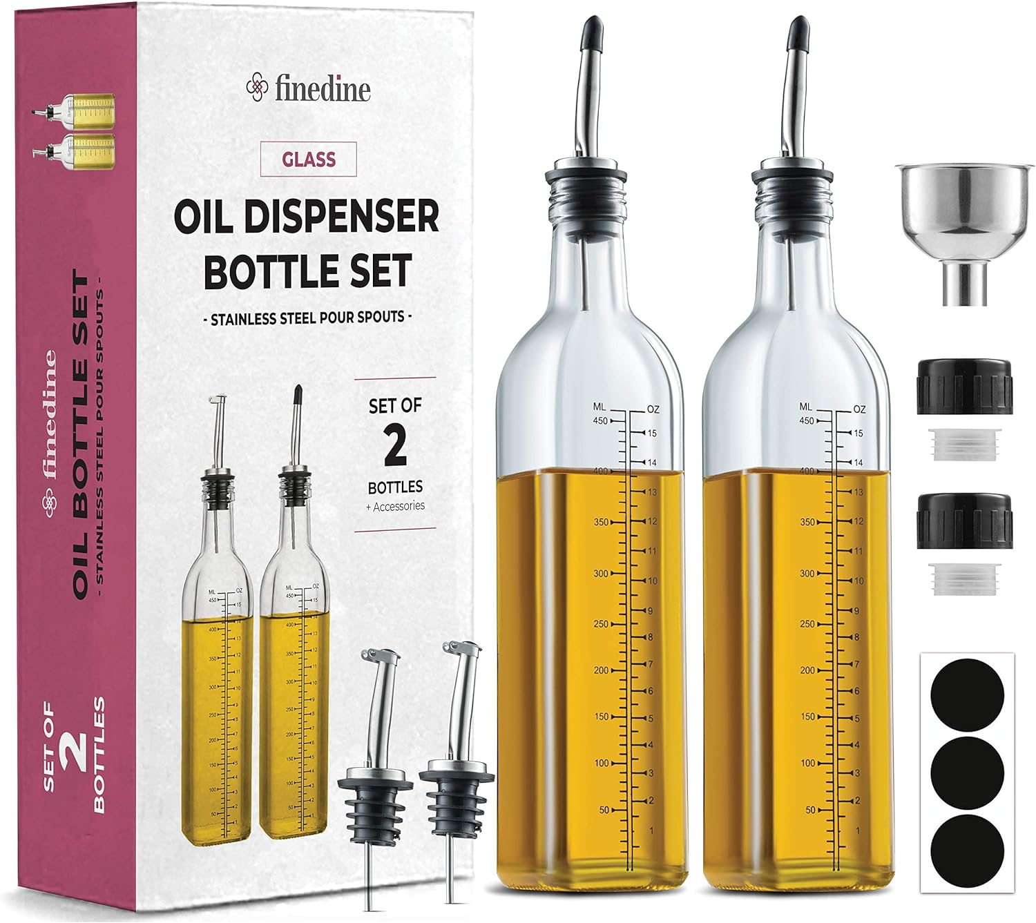 Superior Olive Oil Dispenser Set - Slim Design Oil and Vinegar Dispenser - Funnel For Easy Refill - Oil Dispenser Bottle For Kitchen With 4 Pouring Spouts and Labels - Glass Oil Bottle Set