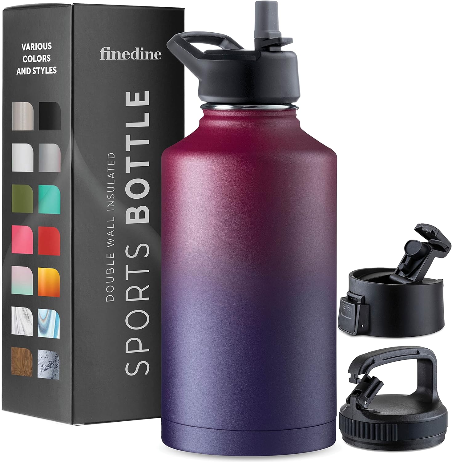 FineDine Insulated Water Bottles with Straw - 64 Oz Stainless Steel Metal Water Bottle W/ 3 Lids - Reusable for Travel, Camping, Bike, Sports - Dreamy Purple