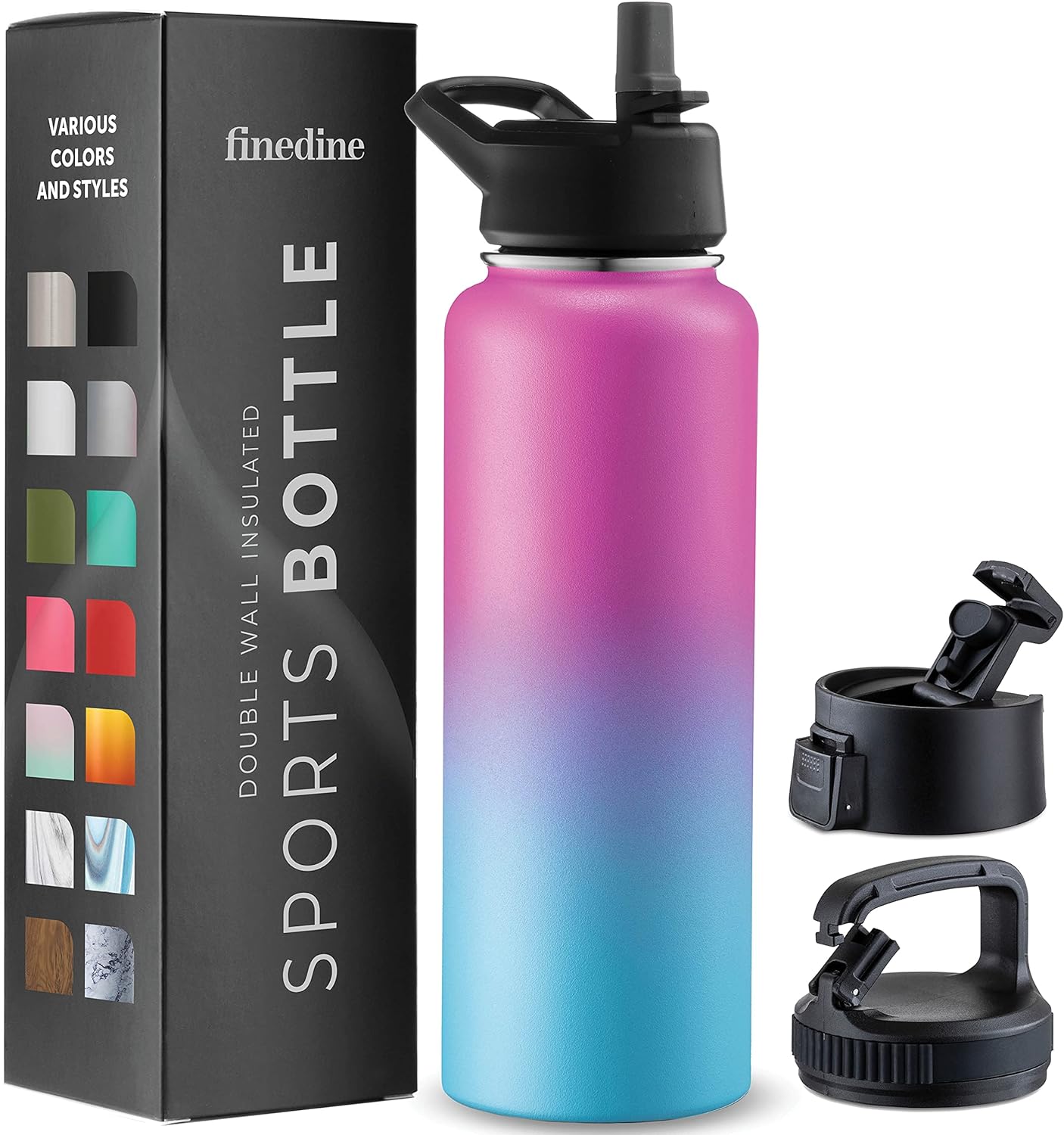 FineDine Triple Walled, Insulated Water Bottles with Straw - 40 Oz Stainless Steel Metal Bottle W/ 3 Leak Proof Lids - For Travel, School, Sports, Gym/Men, Women & Kids - Pacific Blue Rose Blend