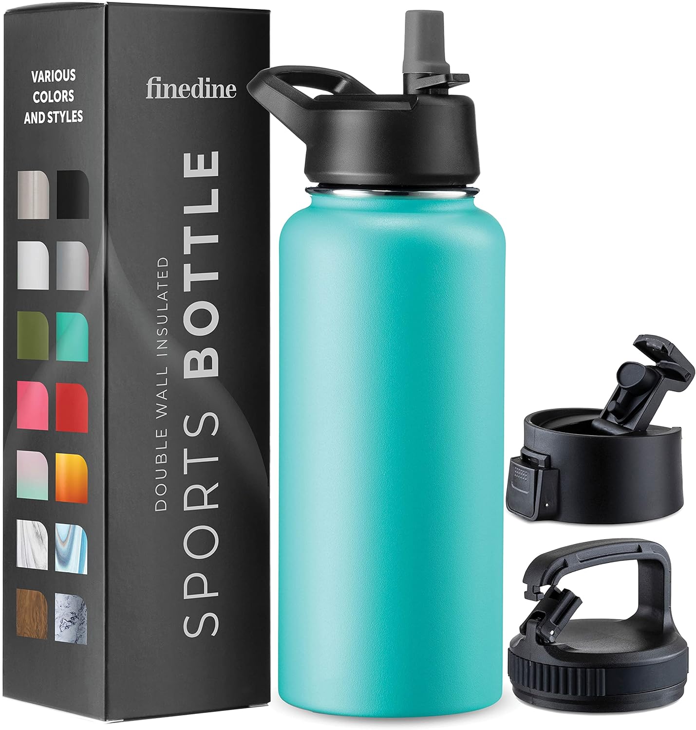 FineDine Triple Walled, Insulated Water Bottles with Straw - 32 Oz Stainless Steel Metal Bottle W/ 3 Leak Proof Lids - For Travel, School, Sports, Gym/Men, Women & Kids - Cheery Turquoise