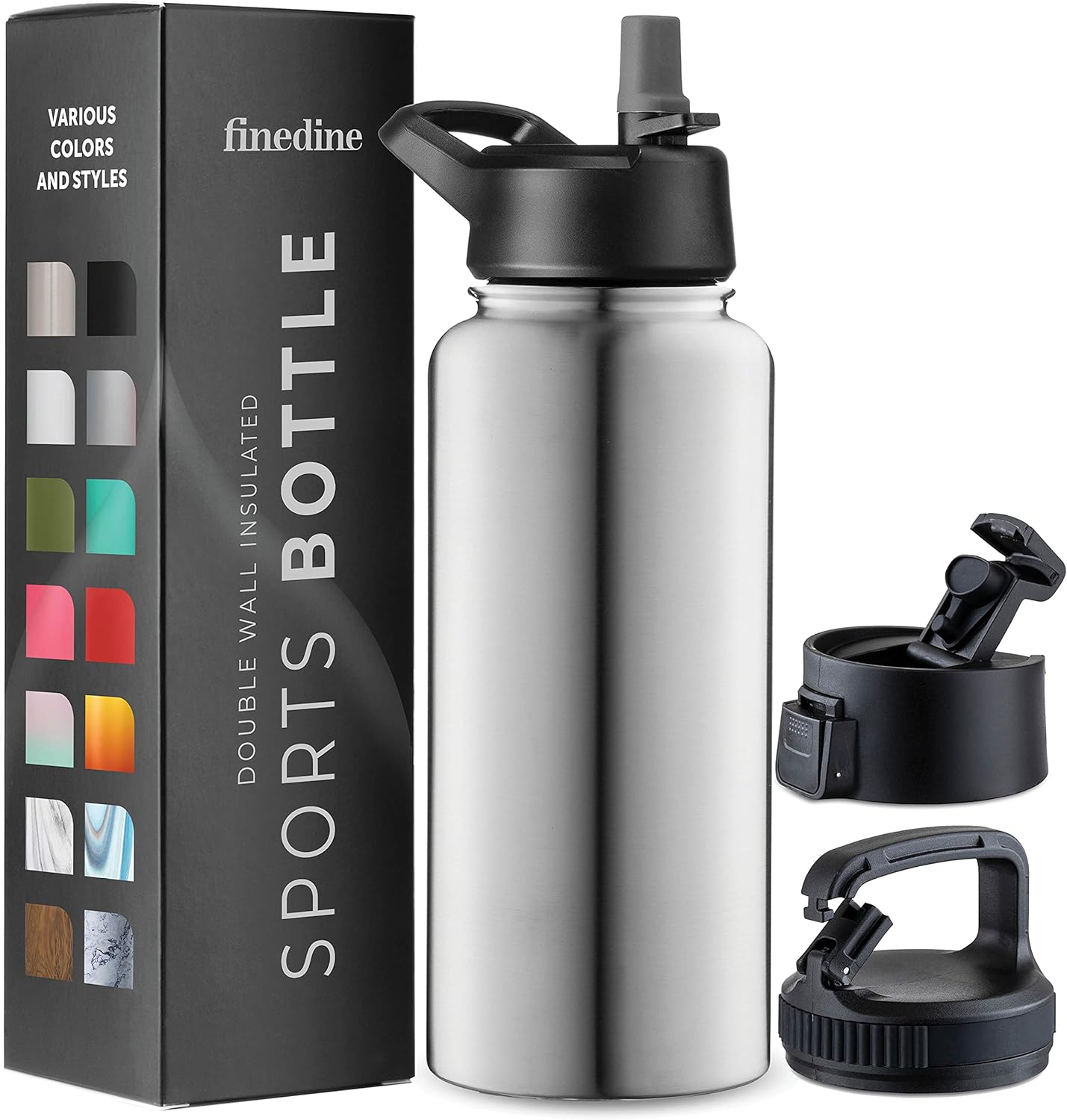 FineDine Triple Walled, Insulated Water Bottles with Straw - 32 Oz Stainless Steel Metal Bottle W/ 3 Leak Proof Lids - For Travel, School, Sports, Gym/Men, Women & Kids - Brushed Stainless Steel