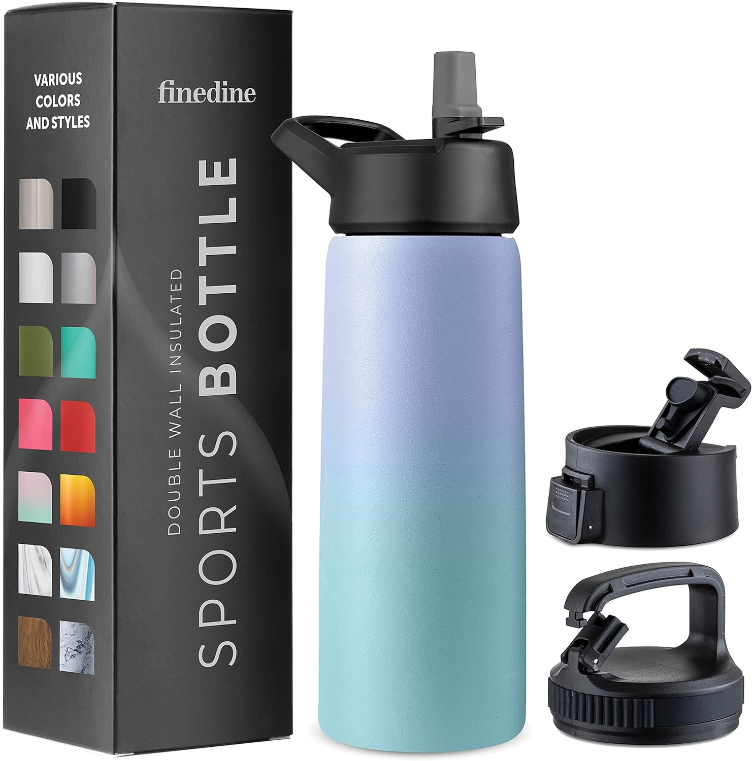 FineDine Triple Walled, Insulated Water Bottles with Straw - 25 Oz Stainless Steel Metal Bottle W/ 3 Leak Proof Lids - For Travel, School, Sports, Gym/Men, Women & Kids - Powder Steel Blue