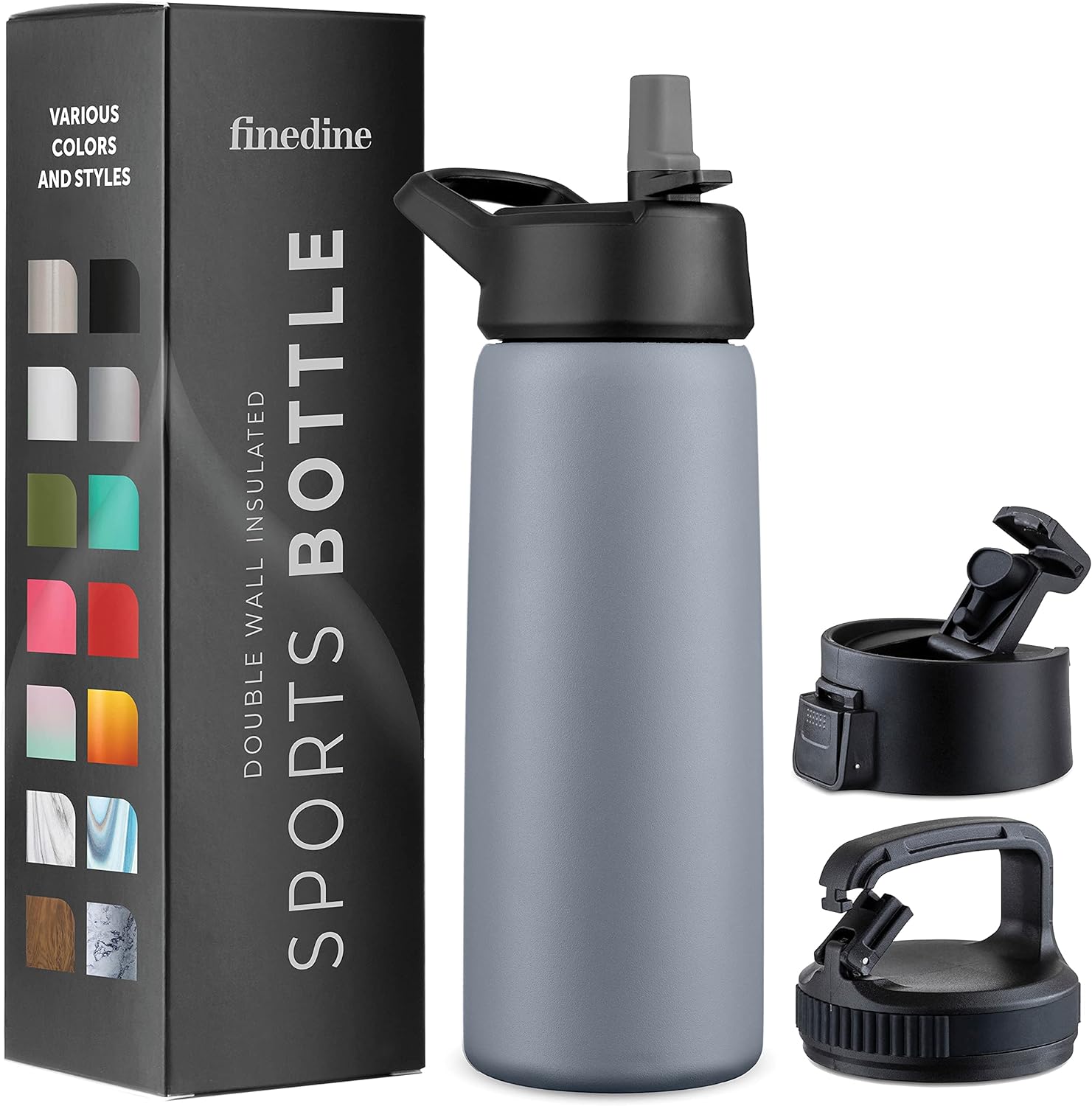 FineDine Triple Walled, Insulated Water Bottles with Straw - 25 Oz Stainless Steel Metal Bottle W/ 3 Leak Proof Lids - For Travel, School, Sports, Gym/Men, Women & Kids - Modern Lava Gray