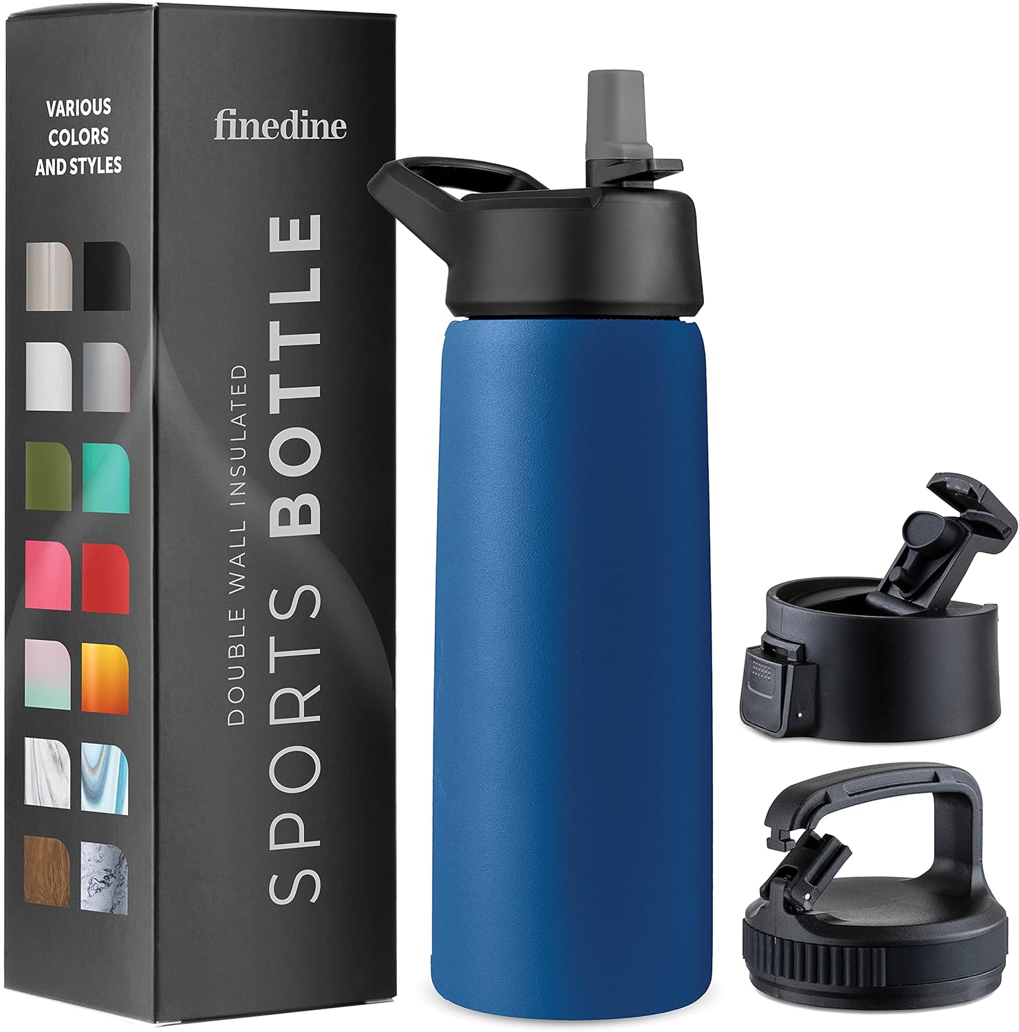 FineDine Triple Walled, Insulated Water Bottles with Straw - 25 Oz Stainless Steel Metal Bottle W/ 3 Leak Proof Lids - For Travel, School, Sports, Gym/Men, Women & Kids - Majestic Sapphire