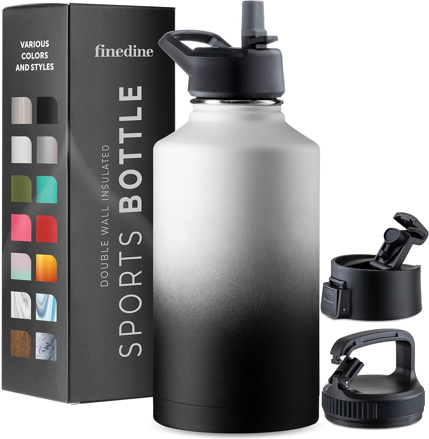 FineDine Insulated Water Bottles with Straw - 64 Oz Stainless Steel Metal Water Bottle W/ 3 Lids - Reusable for Travel, Camping, Bike, Sports - Dreamy Black-White