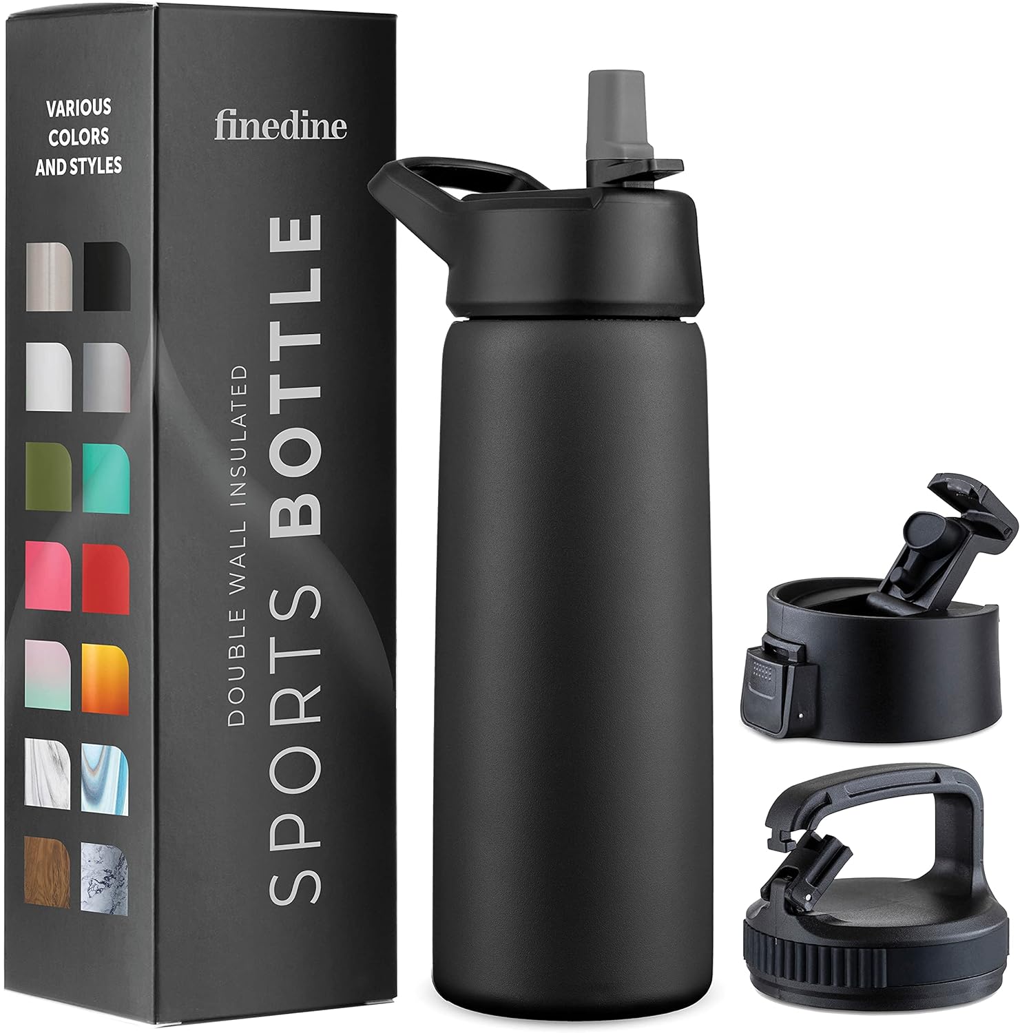 FineDine Triple Walled, Insulated Water Bottles with Straw - 25 Oz Stainless Steel Metal Bottle W/ 3 Leak Proof Lids - For Travel, School, Sports, Gym/Men, Women & Kids - Inky Raven Black