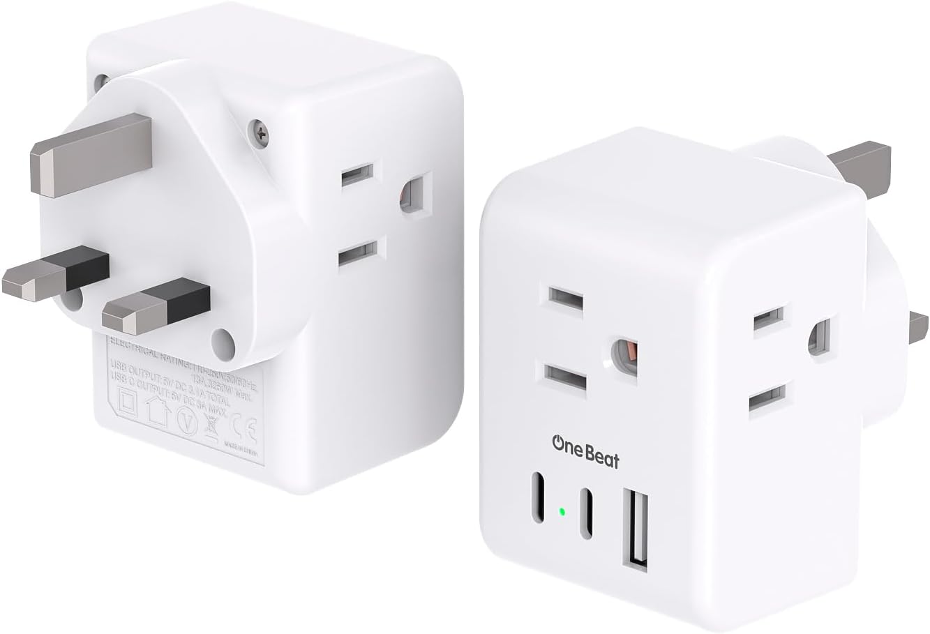 2 Pack US to UK Ireland Travel Plug Adapter, Type G Power Plug Adapter with 3 Outlets 3 USB Ports(2 USB C), European Travel Plug Adapter for USA to England London Scotland British Qatar Irish HongKong