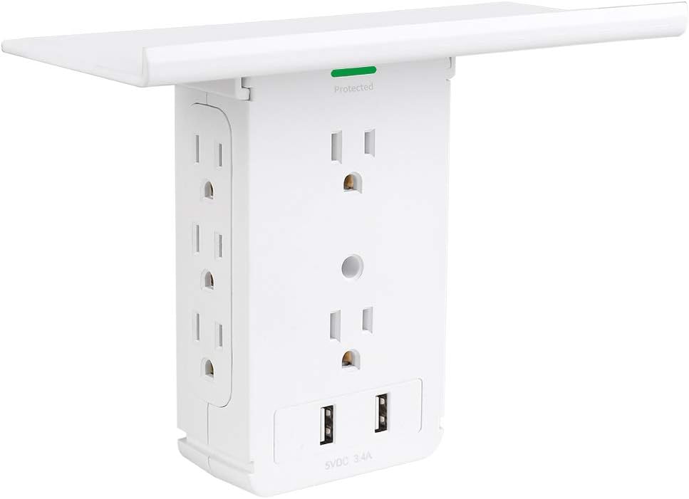 Socket Wall Shelf-CFMASTER 10 Port Surge Protector Wall Outlet, 8 Electrical Outlet Extenders and 2 USB Ports 2.4A, with Removable Built-In Shelf, FCC Listed (1, White)