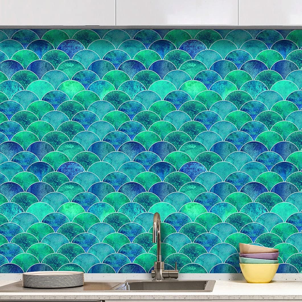 6PCS 3D Tile Wall Decals Lake Blue Hyun-chae Fish Scale Stickers 12'' x 12'' Backsplash Tile Decor DIY Removable Waterproof Self-Adhesive Anti-Oil Tile Wallpaper for Kitchen Bathroom Furniture (DZ507)