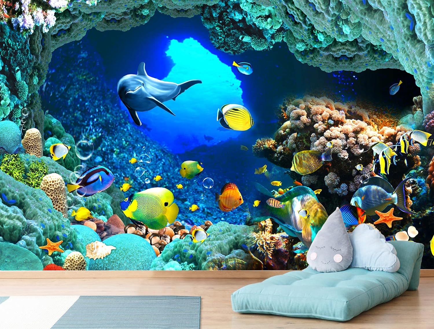 Undersea World Wall Mural Ocean Fish Mural Wallpaper Wall Decor for Living Room Bedroom Dining Room(Not Self-Adhesive)