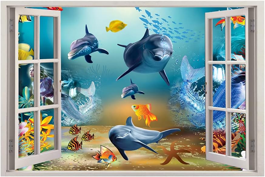 3D Ocean World Fake Windows Wall Sticker,Shark Turtle Tropical Fishes Sea Life Peel and Stick Removable Windows Wall Decals for Boys and Girls Bedroom Playroom Living Room24x18