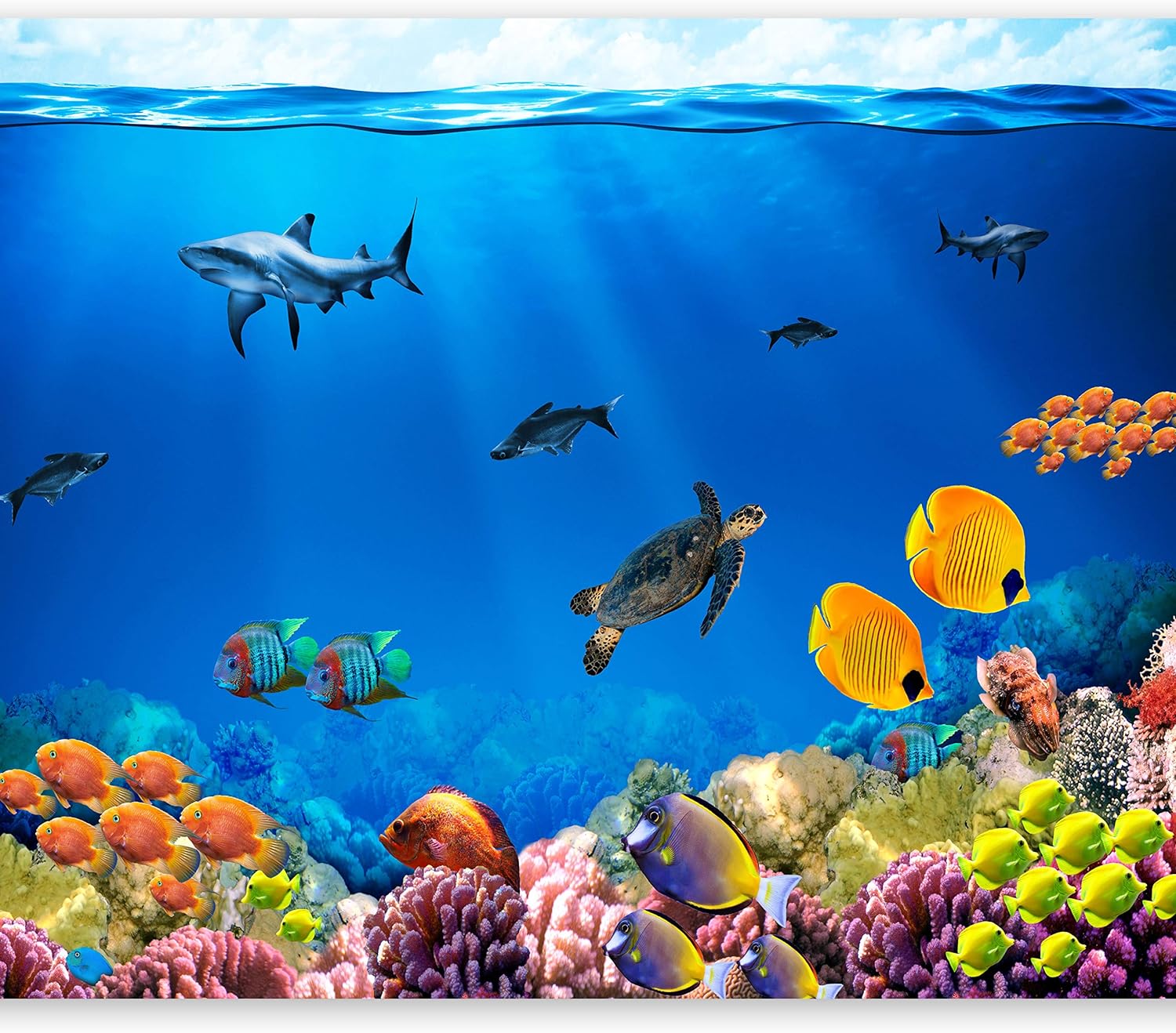 artgeist Wall Mural Underwater World 154x110 in - Peel and Stick Self-Adhesive Wallpaper Removable Large Sticker Foil Wall Decor Print Picture Image Design Island Fish Turtle Sea Ocean 10110903-3