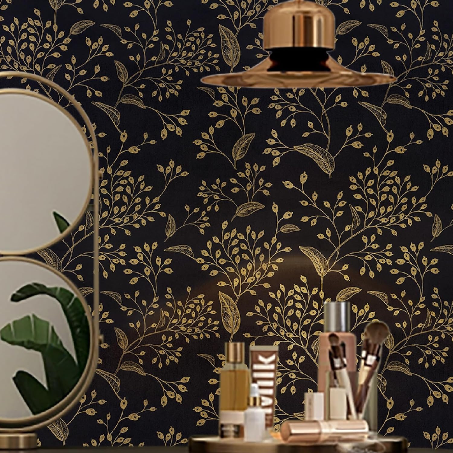 Black and Gold Wallpaper Delicate Leaves Peel and Stick Wallpaper17.3''X197''Black Wallpaper Decorative Shelf Drawer Liner Roll Waterproof