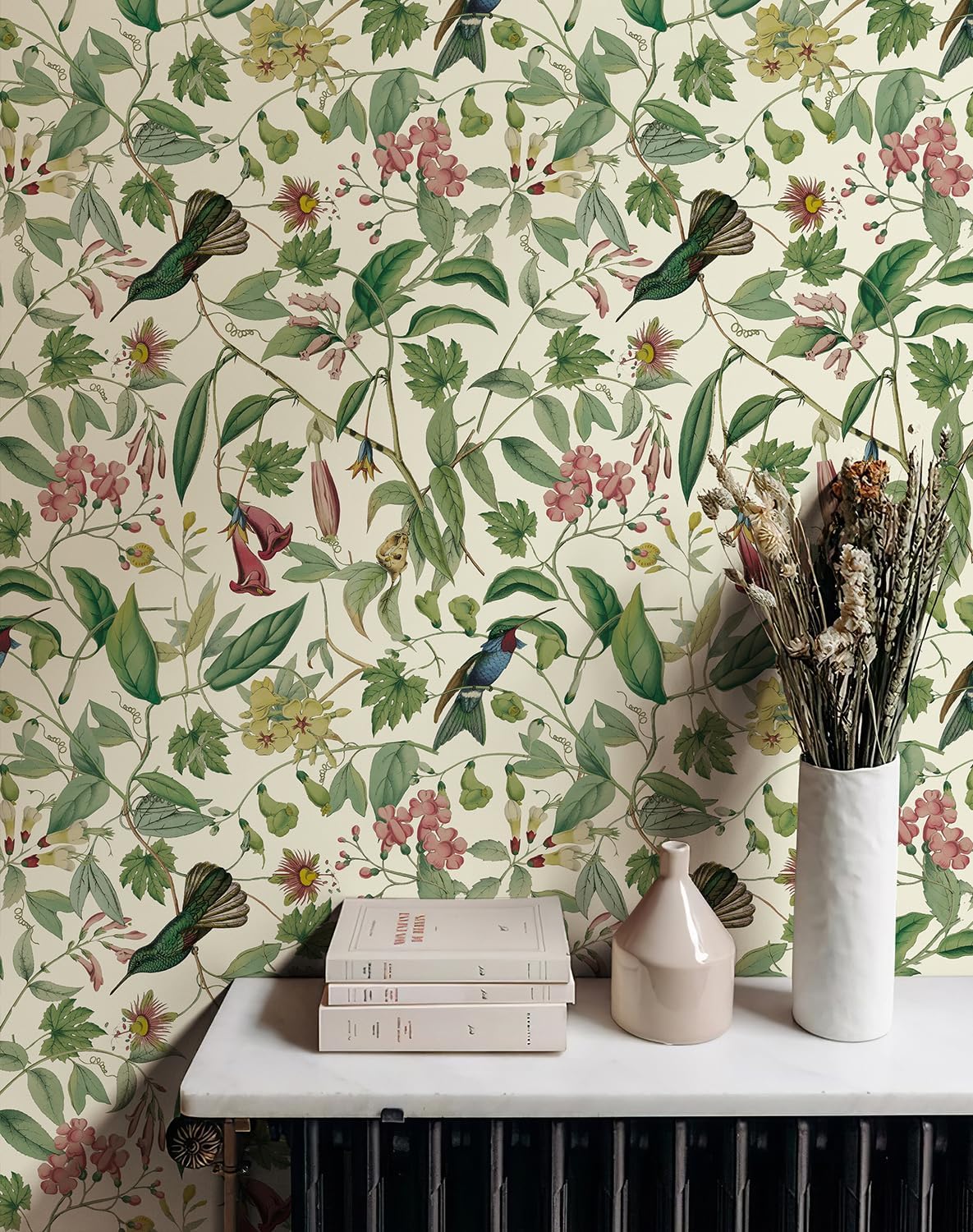 Peel and Stick Wallpaper Floral, Hummingbird Green Wallpaper Self Adhesive Wallpaper for Home Bedroom Cabinets and Kitchen Countertop 17.71x118 Thicken