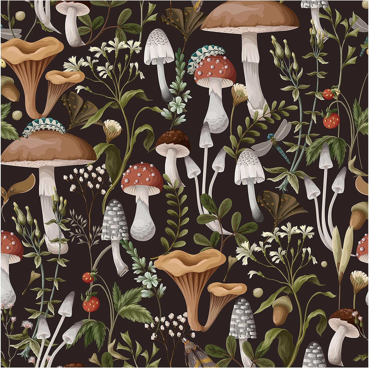 HAOKHOME 93279 Peel and Stick Wallpaper Boho Mushroom Removable Stick on Forest Contact Paper for Bathroom Black/Brown/Green 17.7in x 9.8ft